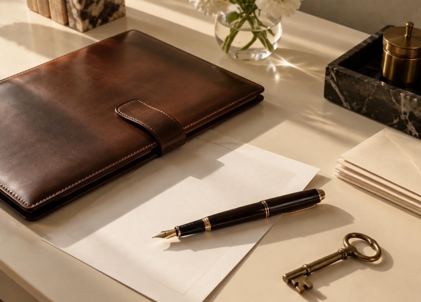 A leather portfolio, fountain pen and correspondence on a desk